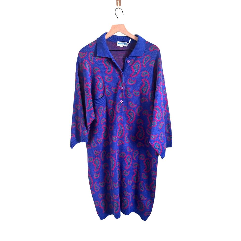 Vintage Monsoon Purple Paisley Button Front Tunic Duster Knit Dress XL Oversized